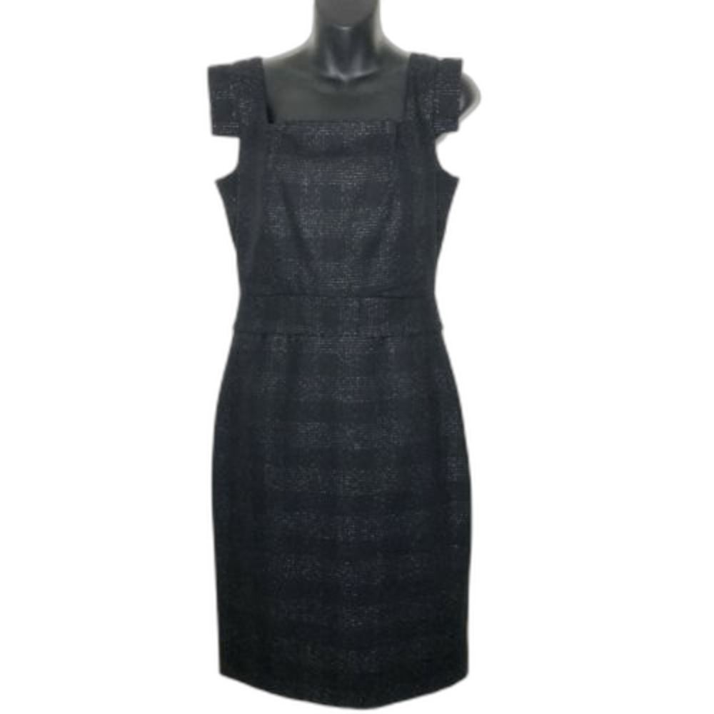 CLUB MONACO Black & Silver Metallic Sheath Dress Size 4 Square neckline Tailored